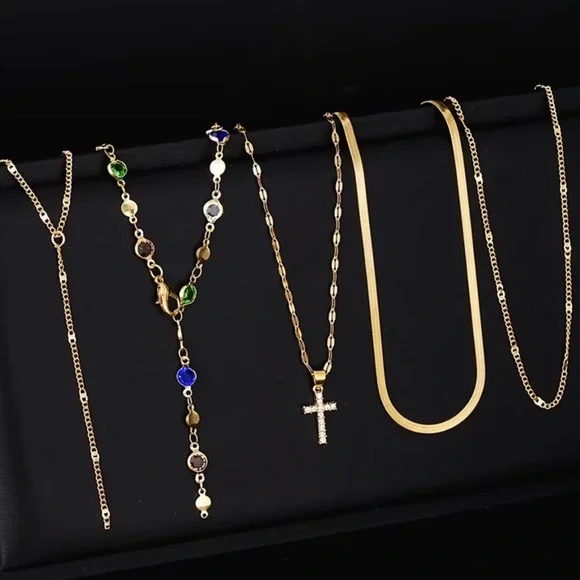 5 pc Set Gold Multi-Color Gem Layered Necklace - Picture 2 of 5